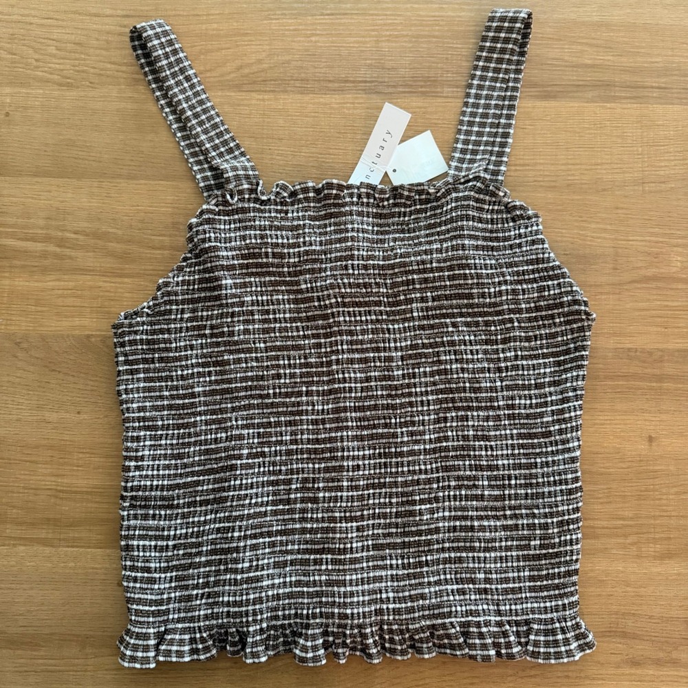 Sanctuary Smocked Gingham Tank Top Brown White Ruffle XL CB2116BN6